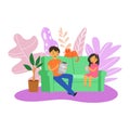 Family game gadgets, fun people, happy nearby, young father playing child together, design cartoon style vector