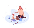 Family game together concept. Vector flat person illustration. Mother sitting and playing with daughter and toddler son. Cubes,
