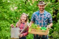 Family garden. Maintain garden. Planting flowers. Family dad and daughter planting plants. Transplanting vegetables from