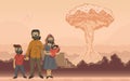 Family in gas masks on nuclear explosion background. Futuristic apocalyptical scene. Flat vector illustration Royalty Free Stock Photo