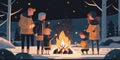 family gathered around a bonfire on a snowy evening