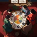 Family gathered around a traditional Korean table setting for the New Year& x27;s feast