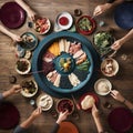 Family gathered around a traditional Korean table setting for the New Year& x27;s feast