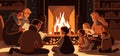 family gathered around a warm and cozy fireplace in their living room on a snowy winter evening