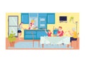 Family gathering generation, dinner grandsons, grandmother and mother, cozy kitchen room flat vector illustration