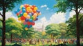 A family gathering in a park, where balloons in every shade of the Royalty Free Stock Photo