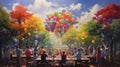 A family gathering in a park, where balloons in every shade of the rainbow Royalty Free Stock Photo