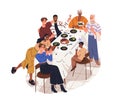 Family gathering together at dinner table. Happy old and young people celebrating holiday, festive eating and drink Royalty Free Stock Photo