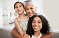 Family, generations and hug with love in portrait and care at home, mother and grandmother with child smile and bond Royalty Free Stock Photo