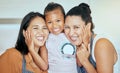 Family, generations and hug, women with girl and happy together in portrait, mother and daughter with grandmother in Royalty Free Stock Photo