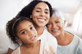 Family, generations with love in portrait and care at home, mother and grandmother with child together and smile Royalty Free Stock Photo