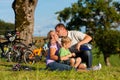 Family on getaway with bikes Royalty Free Stock Photo