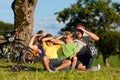 Family on getaway with bikes Royalty Free Stock Photo