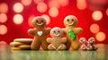 Family of gingerbread men on the wooden ttable with colorful bokeh and red background