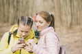 Family, girl with mom in the forest on the nature look photos in the phone Royalty Free Stock Photo