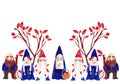 A family of gnomes are walking in the forest: a grandfather, a female gnome, a young gnome between the trees. Banner. Watercolor