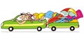 Family goes on holiday, humorous vector illustration, people in car