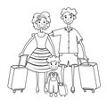 Family goes on vacation, coloring, silhouette, black and white linear drawing. Outline father, mother and child with suitcase trip