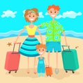 Family goes on vacation, flat colorful drawing. Cartoon character father, mother and and child with suitcase on holiday against Royalty Free Stock Photo