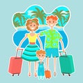 Family goes on vacation, flat colorful drawing, sticker. Cartoon character father, mother and and child with suitcase on holiday Royalty Free Stock Photo