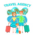 Family goes on vacation, flat colorful drawing, sticker. Cartoon character father, mother and and child with suitcase travel on Royalty Free Stock Photo