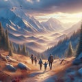 Family going on a hike in the mountains, photorealistic v