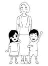 Family grandmother with grandchildren cartoon in black and white