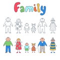 Family: grandparents, parents and children. Set of elements in doodle and cartoon style.