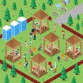 Family Grill BBQ Area in the Forest with Active People Cooking Meat and Playing Sports. Isometric City Royalty Free Stock Photo