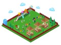 Family Grill BBQ Area in the Forest with Children Playground and Active People Cooking Meat. Isometric City