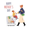 Family grocery shopping: mother-daughter bonding. Vector postcard.