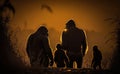 A family group of gorilla caring each other in the sunset with the striking silhouettes, generative AI Royalty Free Stock Photo