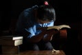 Family group are praying together on wooden table Royalty Free Stock Photo