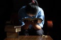 Family group are praying together on wooden table Royalty Free Stock Photo