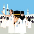 Family haj hajj pilgrim man father mother woman kids wearing islam hijab ihram clothes vector illustration mecca ka'ba kabba kaba