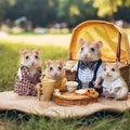 Family of hamsters having a lovely picnic in the park.