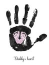 Watercolor girl footprint in father handprint. Daddy and daughter family illustration of pink handprints of baby footprint in