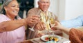 Family, hands and champagne toast for holiday celebration, thanksgiving and thank you or congratulations. Happy senior