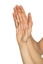Family hands in different generation showing palms. Successful business teamwork with hands gesture communication. Family