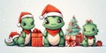 Family of happy cute cartoon dragons with Christmas gifts and Christmas tree on white background.The dragon is the symbol of 2024