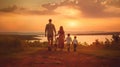 A Family, Happy family, mother, father, children son and daughter on nature on sunset. Generative Ai Royalty Free Stock Photo