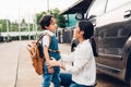 Family happy mother mom send children kid son boy kindergarten t Royalty Free Stock Photo