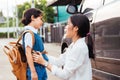 Family happy mother mom send children kid son boy kindergarten to school Royalty Free Stock Photo