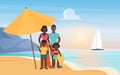 Family happy people stand under beach umbrella at tropical island paradise resort Royalty Free Stock Photo