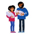 Family. Happy young parents with new born twins. Mother father and two babies. Child birth concept. Vector.