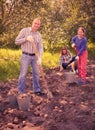 Family harvesting potatoes in field Royalty Free Stock Photo