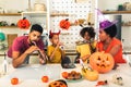 Family has fun in Halloween time make video call with digital tablet Royalty Free Stock Photo