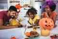 Family has fun in Halloween time make video call with digital tablet Royalty Free Stock Photo