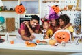 Family has fun in Halloween time make video call Royalty Free Stock Photo