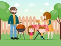 Family having a bbq on backyard vector illustration. Happy people on summer barbeque picnic with tasty food. Families Royalty Free Stock Photo